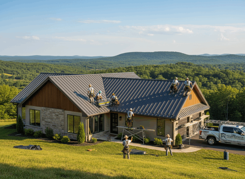 A team of roofers installs a metal roof on a modern house set against a backdrop of rolling green hills.