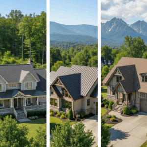 Three luxury homes with mountain views: a gray shingle house, a modern home with a metal roof, and a Tudor-style house.