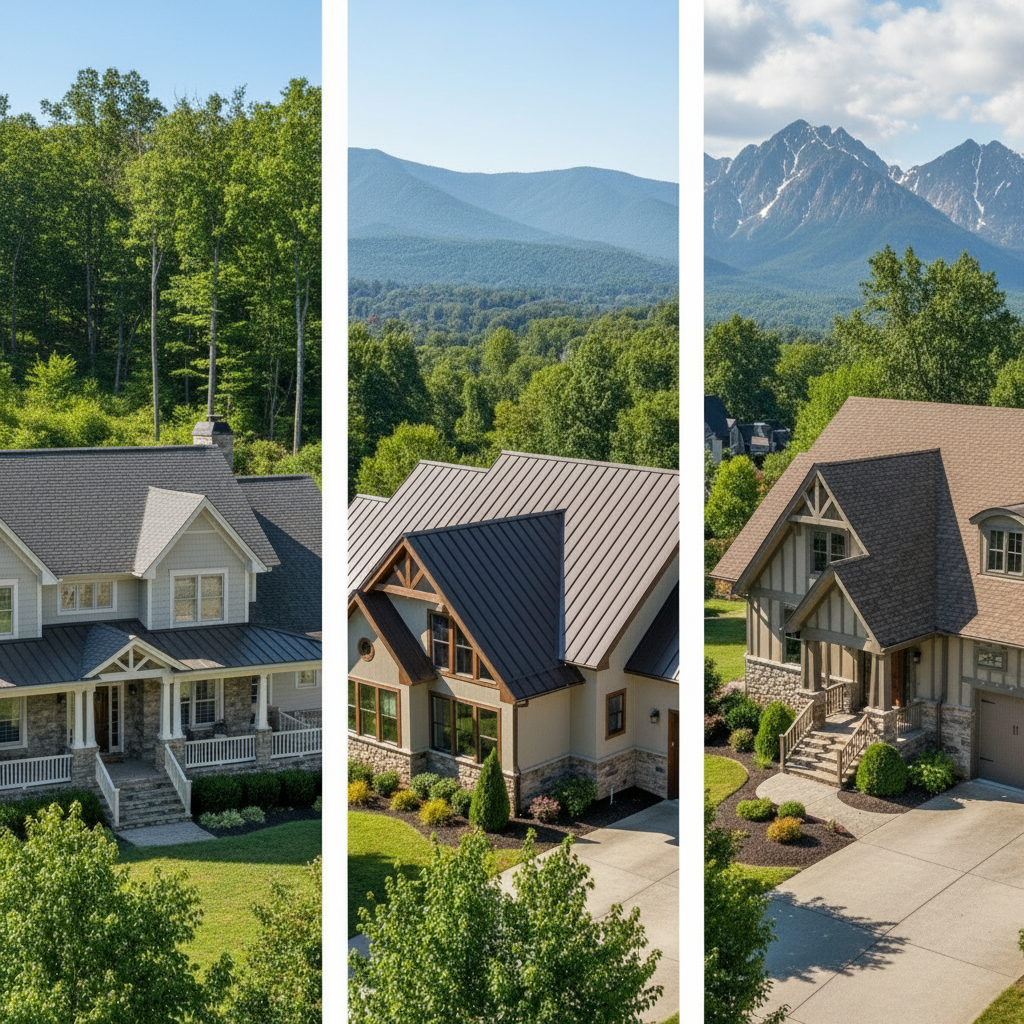 Three luxury homes with mountain views: a gray shingle house, a modern home with a metal roof, and a Tudor-style house.