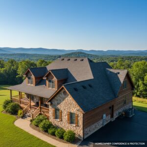 A large, well-ventilated home in West Virginia with a shingled roof, surrounded by green hills and clear skies.