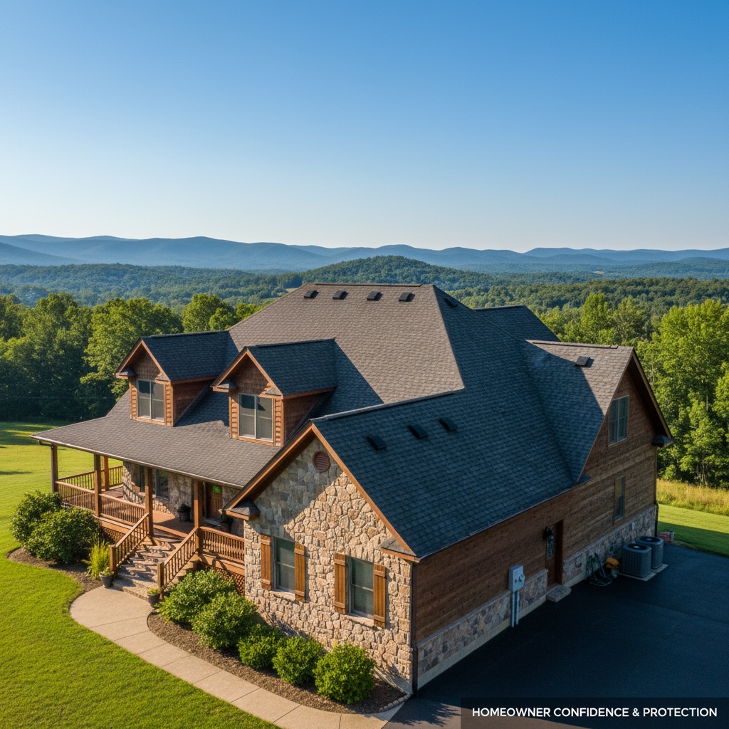 A large, well-ventilated home in West Virginia with a shingled roof, surrounded by green hills and clear skies.