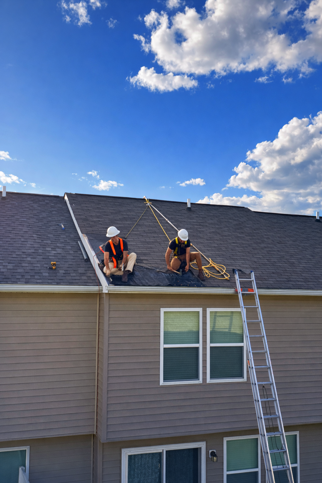Roofers inspecting storm damage on a West Virginia home roof with safety harnesses and a ladder.