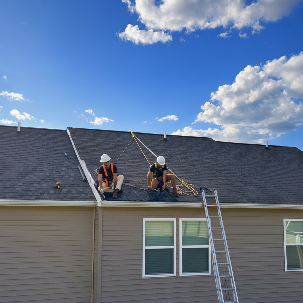 Roofers inspecting storm damage on a West Virginia home roof with safety harnesses and a ladder.