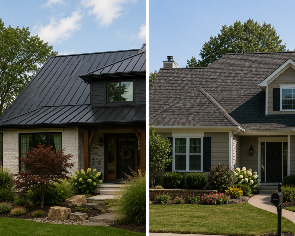 Side-by-side comparison of a modern home with a metal roof and a traditional home with asphalt shingles.