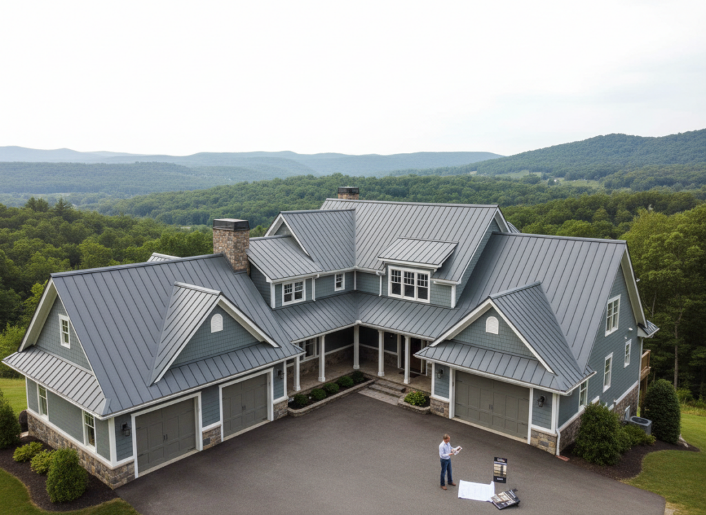 Aerial view of a large home with a grey metal roof, with a person reviewing blueprints in the driveway.