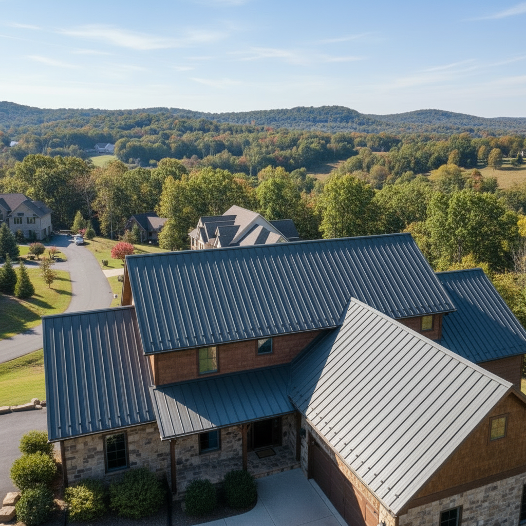 Aerial view of a large house with a standing seam metal roof set against a backdrop of rolling hills and trees.